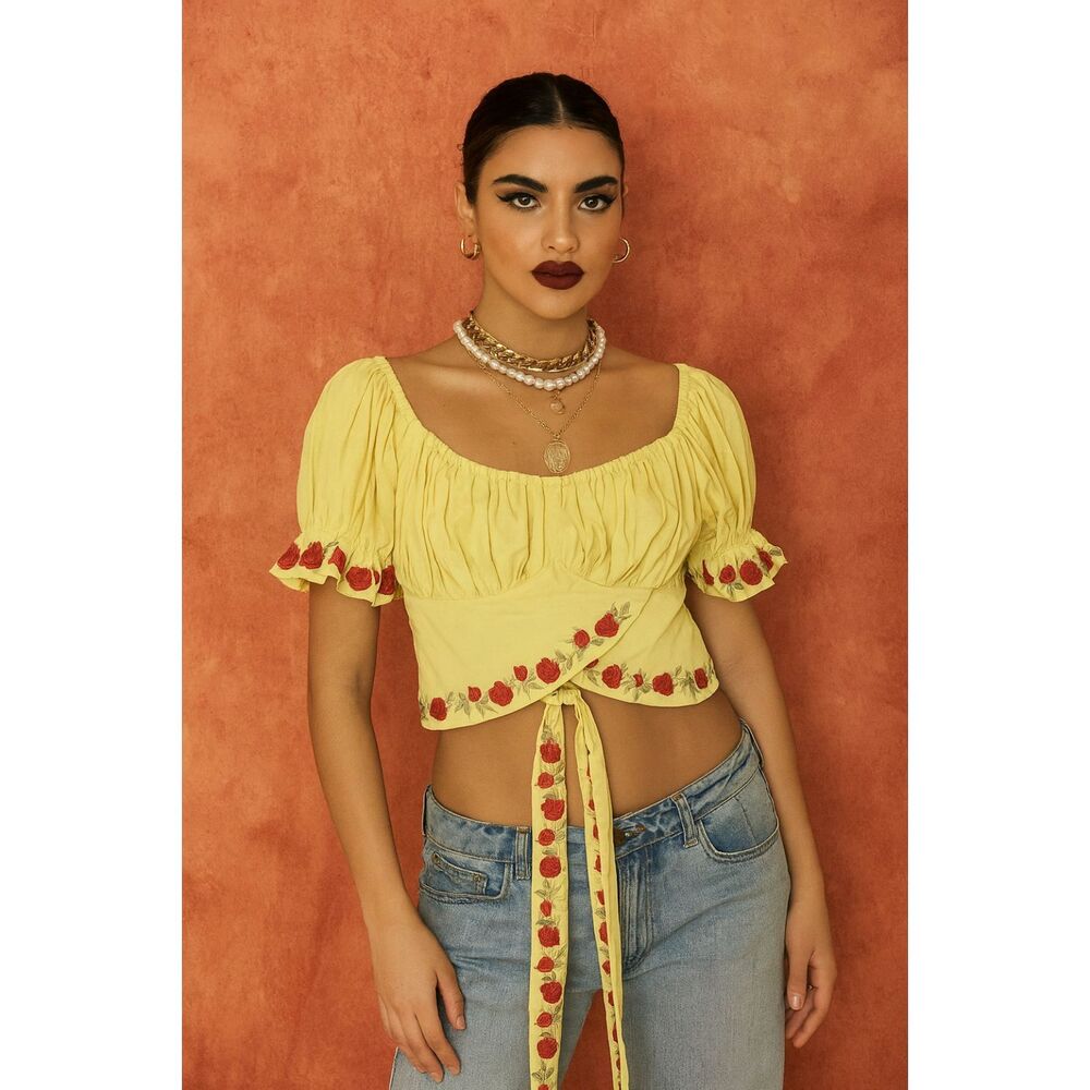 Herencia Collection Y2K Yellow Floral Tie Up Blouse Top Shirt Women's Size Small